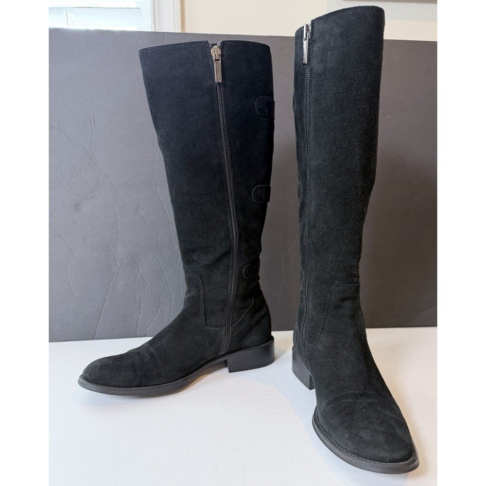 Aquatalia Unicorn Black Suede Tall Boots Weatherproof Stretch Moto 37 7.5